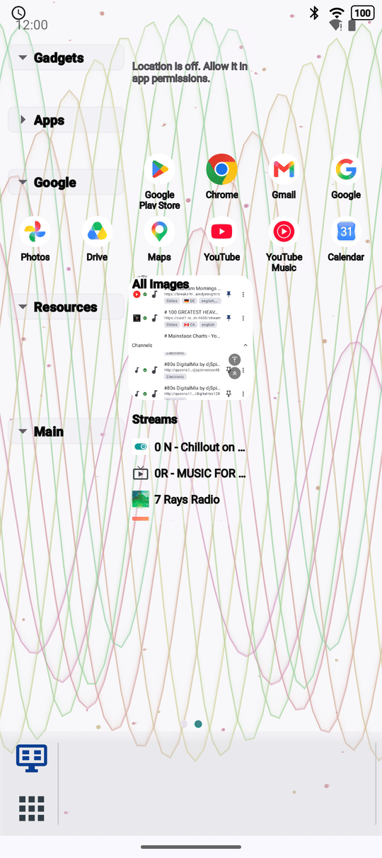 The launcher desktop with the Apps section folded, its heading showing a turned arrow and the next section moved up