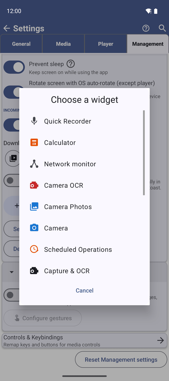 The Choose a widget list of FastMediaSorter widgets, opened from the Management tab of Settings