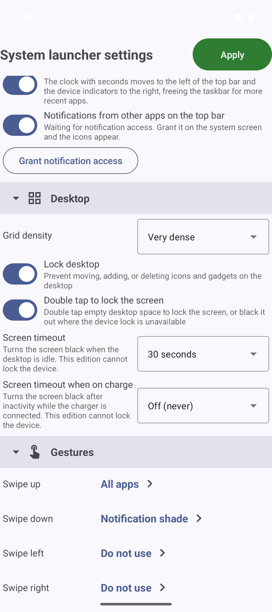 The Desktop group of System launcher settings with Grid density, Lock desktop turned on and Double tap to lock the screen