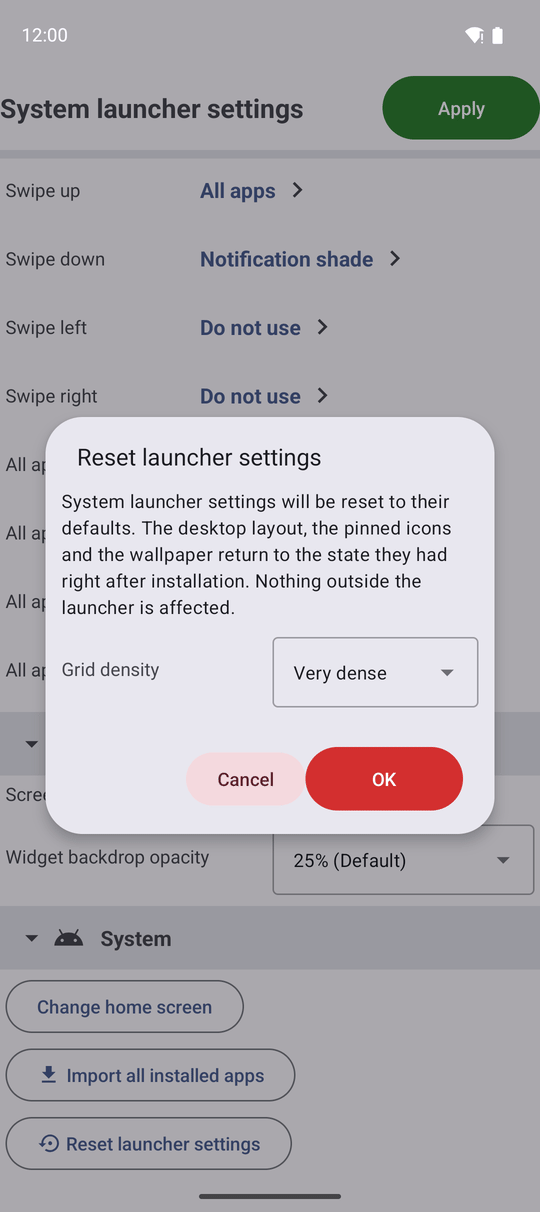 The System group of launcher settings showing the labeled Reset launcher settings button and its confirmation dialog