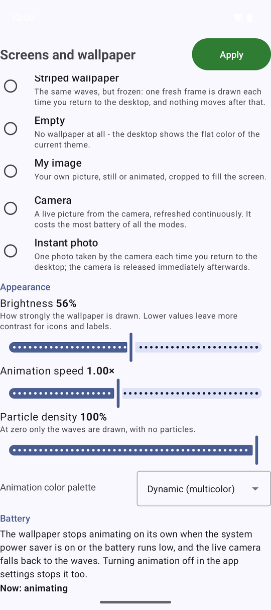 The Appearance block of Screens and wallpaper with the Brightness, Animation speed and Particle density sliders and the color palette choice