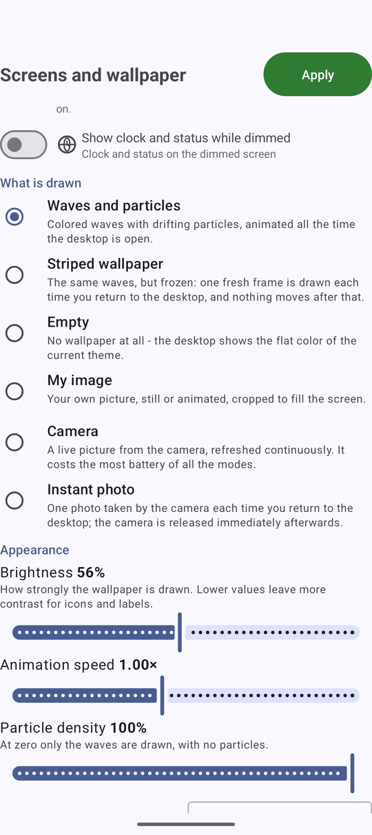 The Screens and wallpaper screen with the What is drawn list of six wallpaper modes, each with a one-line explanation
