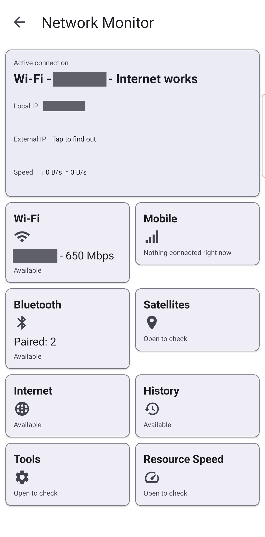 The Network Monitor summary screen with Active connection at the top, the External IP row and a row of tiles for Wi-Fi, Mobile, Bluetooth, Satellites, Internet, History, Tools and Resource Speed