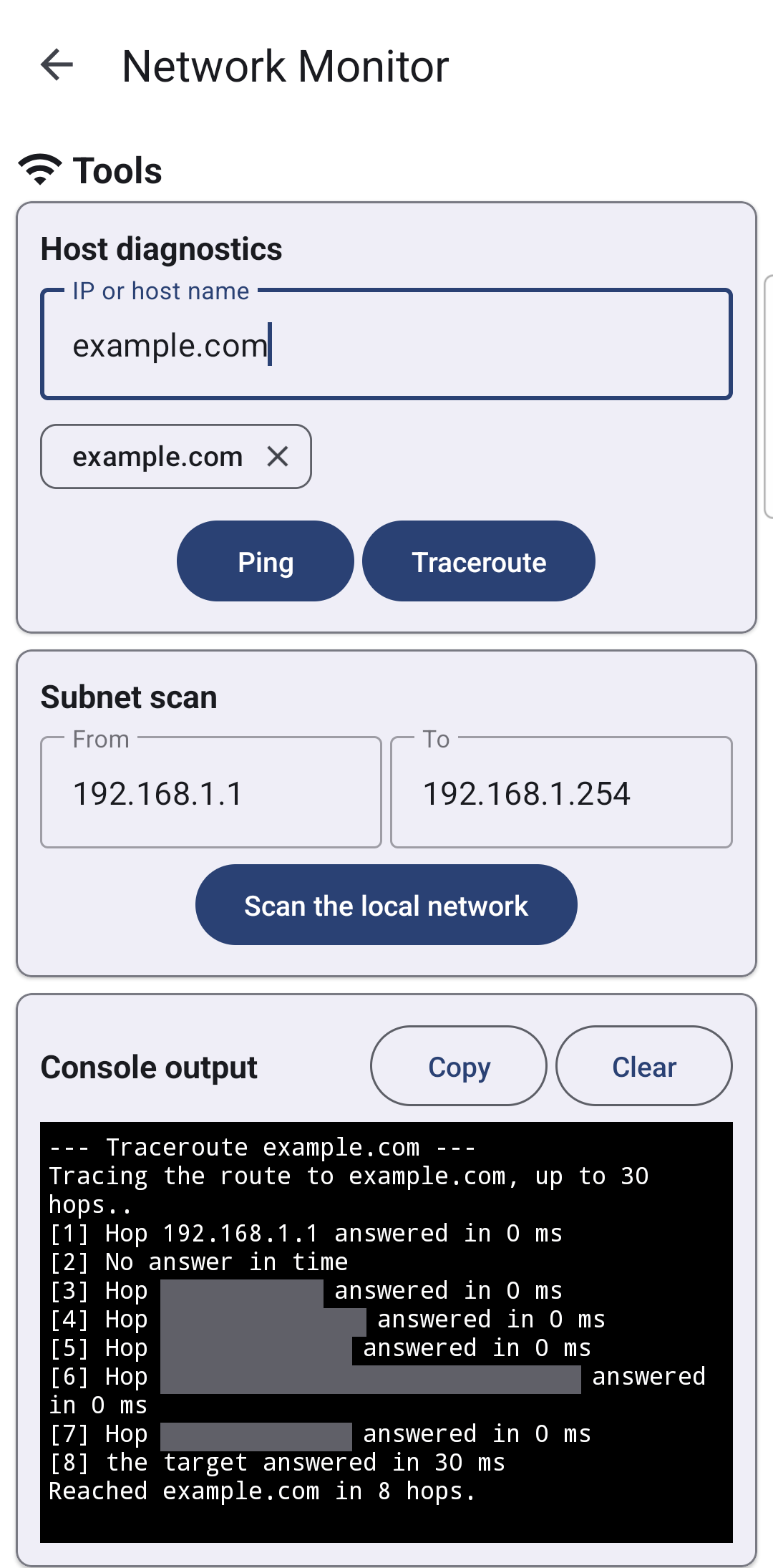 The Network Monitor Tools screen with a host name entered, Ping and Traceroute buttons, and a console output panel showing hop-by-hop traceroute lines