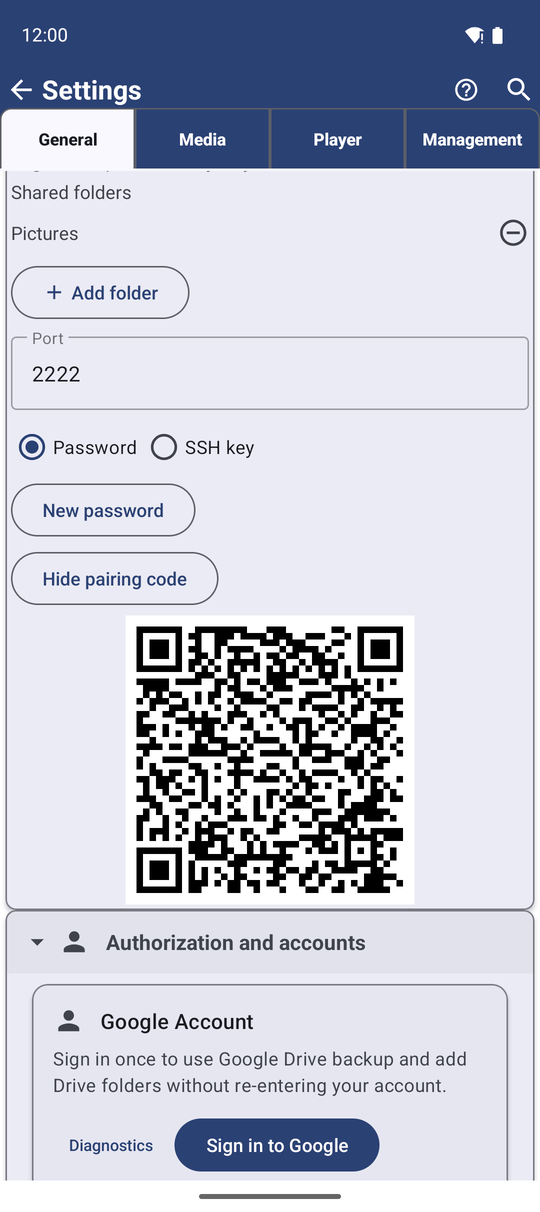 Карточка Раздача по SFTP с отображенным QR-кодом сопряжения и кнопкой Скрыть код сопряжения