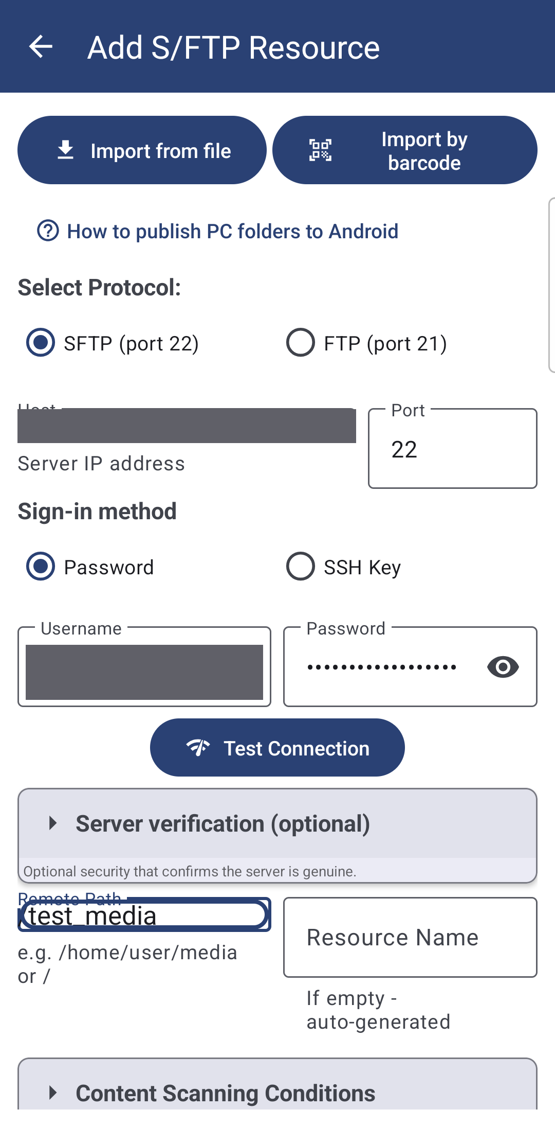The Add S/FTP Resource screen with the SFTP/FTP protocol switch and the Host and Port fields filled in