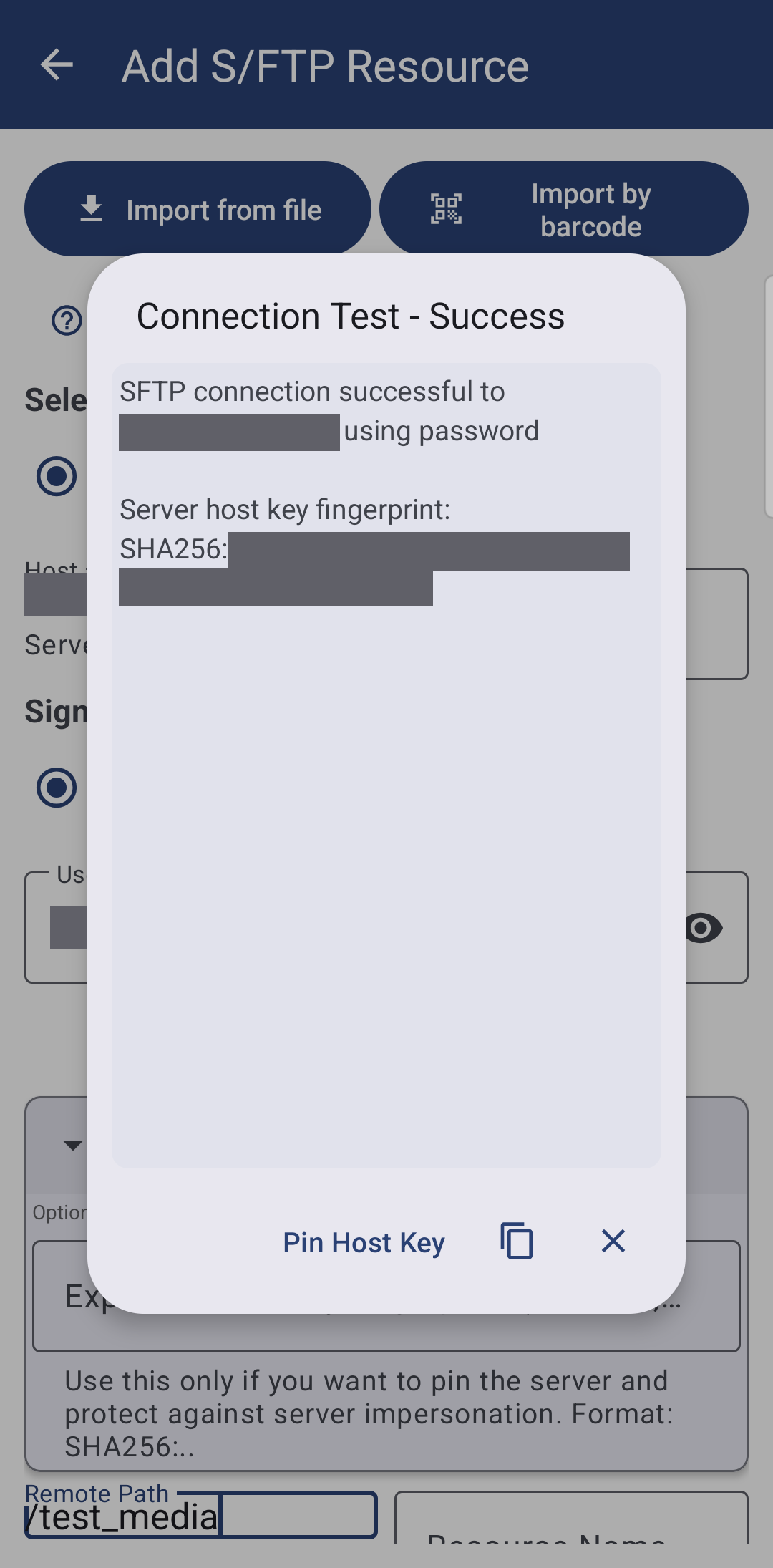 The Connection Test - Success dialog for an SFTP server, showing the server host key fingerprint and the Pin Host Key button