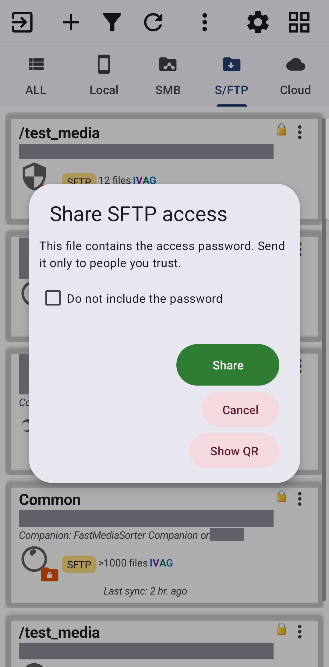The Share SFTP access screen with the password warning, the Do not include the password checkbox and the Share button