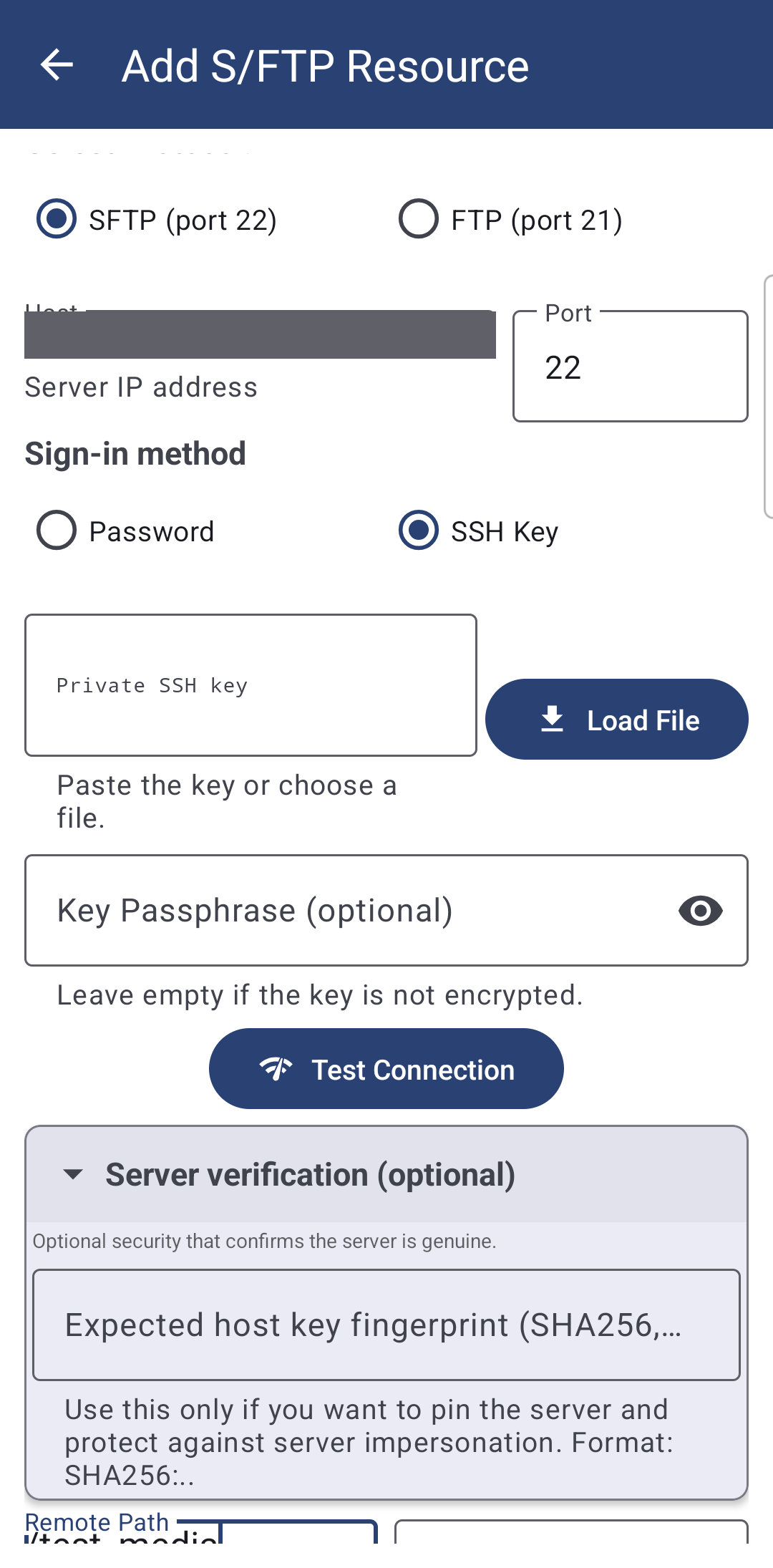 The SSH Key sign-in section with the Private SSH key field, Load File button and Key Passphrase field