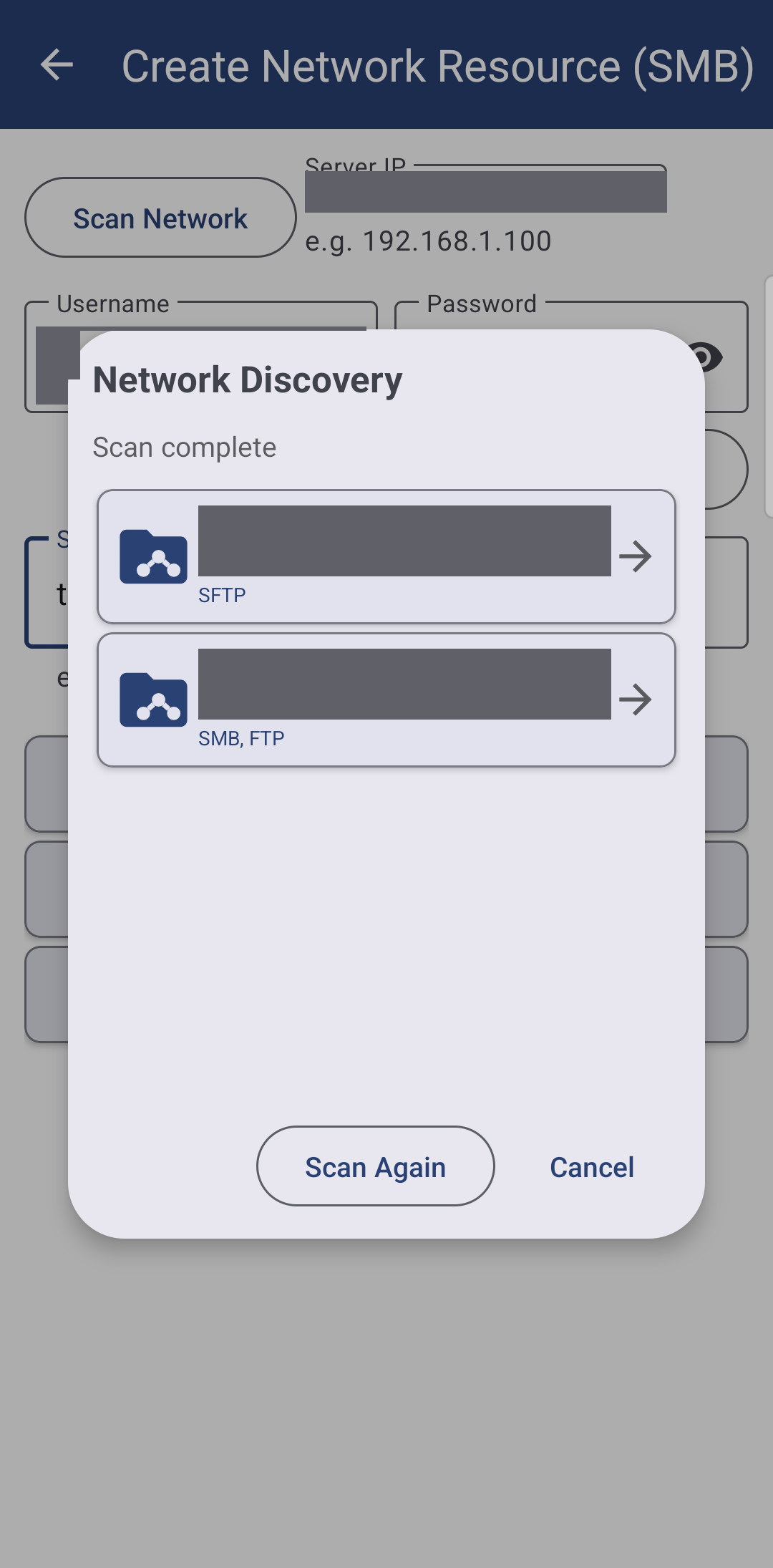 The Network Discovery dialog listing computers found on the local network after tapping Scan Network