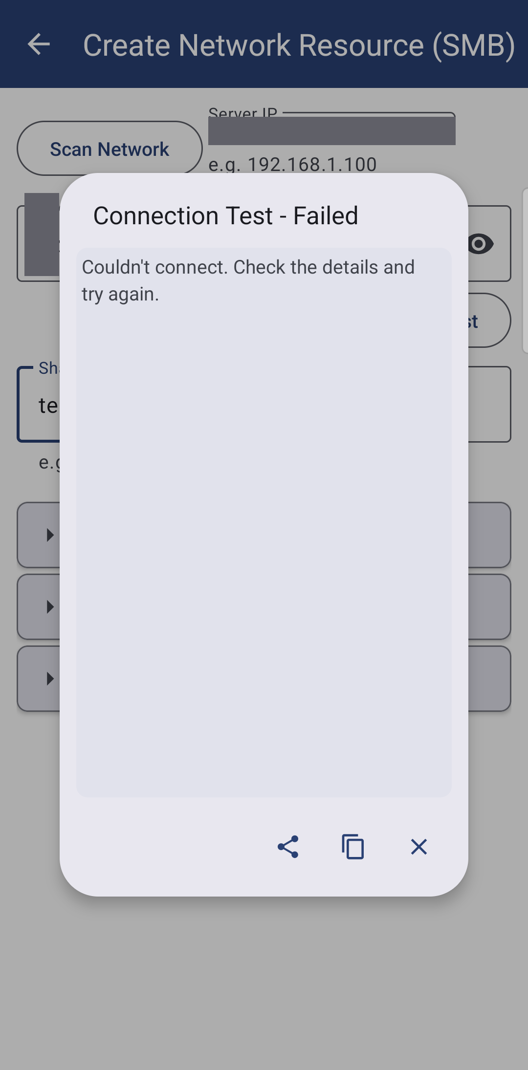 The Create Network Resource (SMB) screen with the Connection Test - Failed dialog saying the app could not connect and asking to check the details