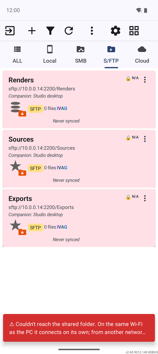 A file browser screen for a companion SFTP resource showing the connection guidance message instead of a bare timeout