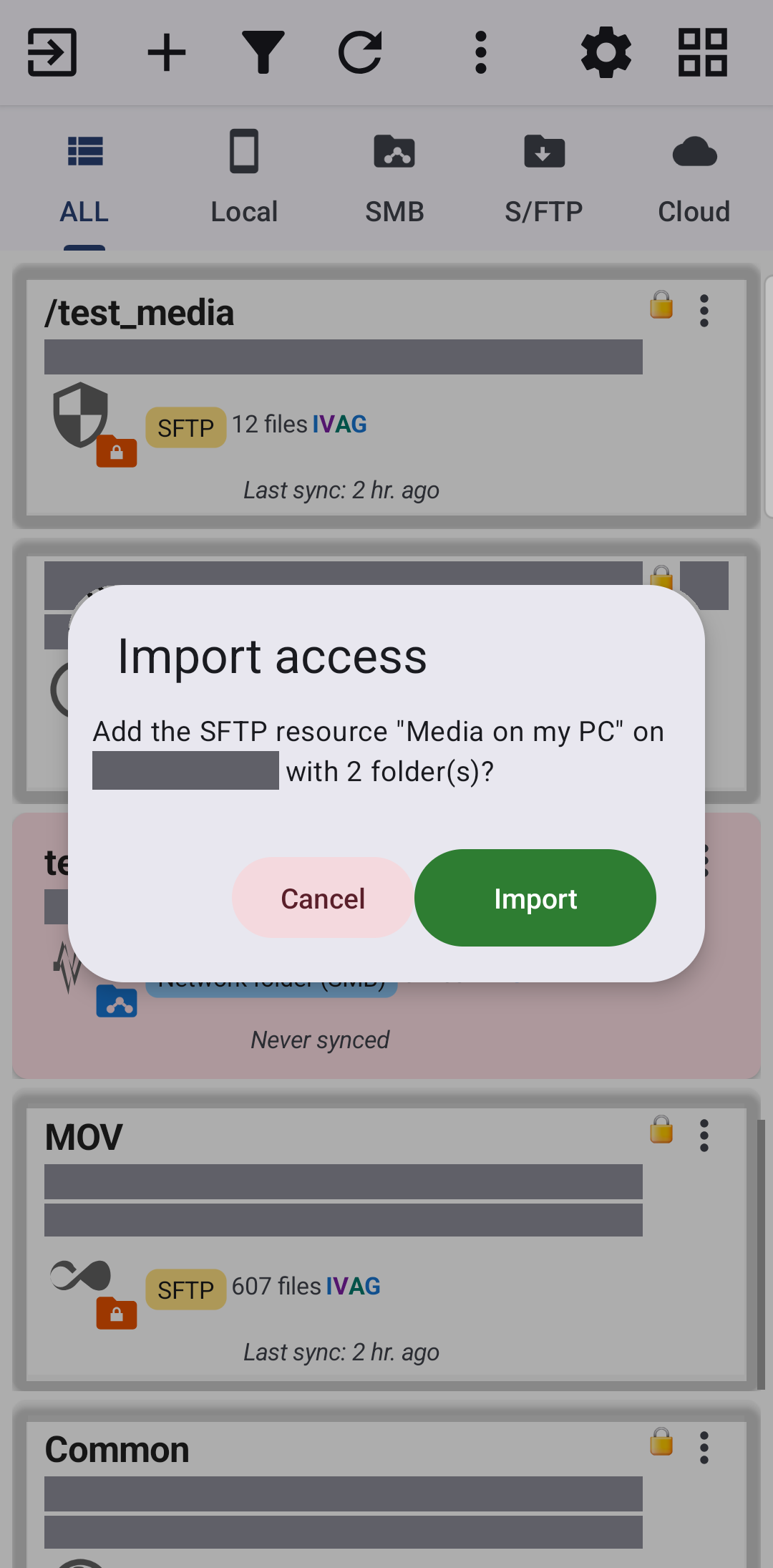The Import access dialog confirming a companion SFTP resource with its name, address and folder count, and an Import button