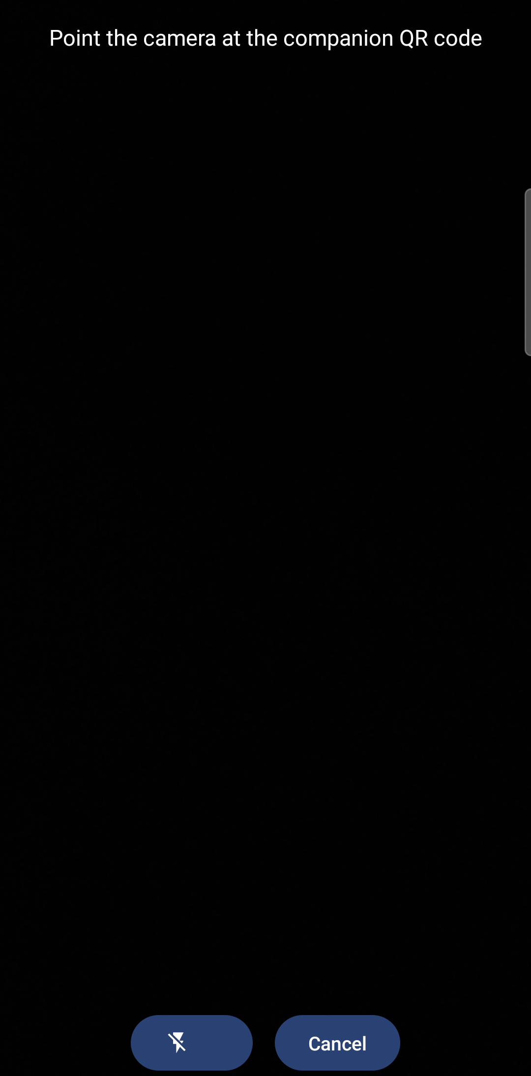 The camera screen for scanning a companion QR code, with the point-the-camera hint text and a Flash button