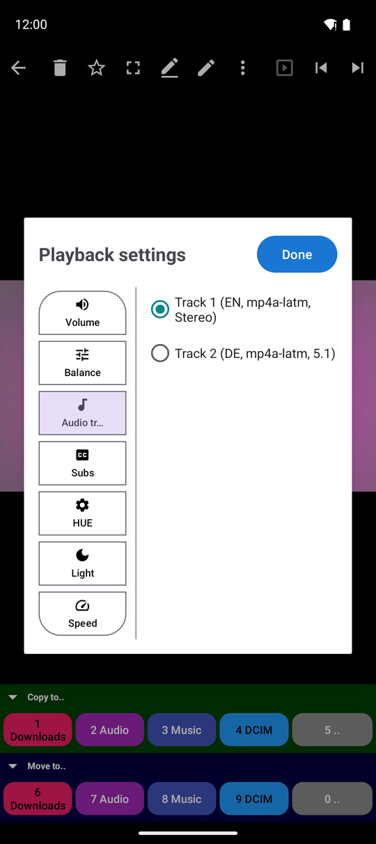 The Control window over a video with the section list at the side and the Audio track section open showing two languages