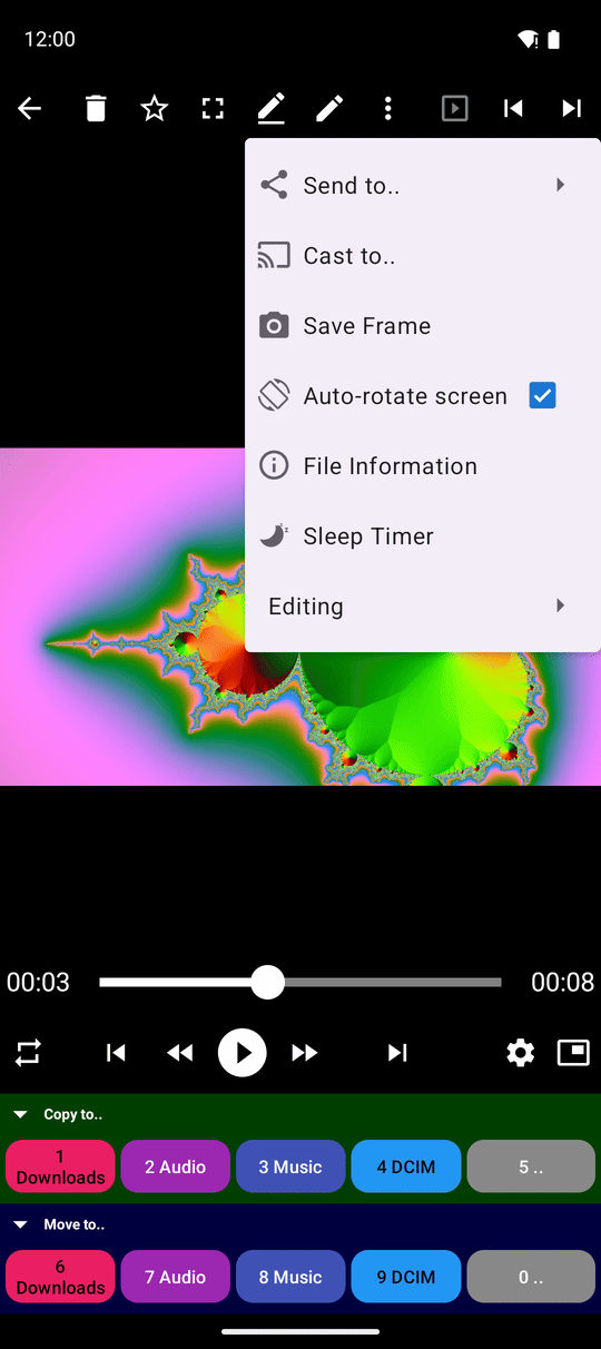 The three-dots menu of the video player open with Save Frame highlighted