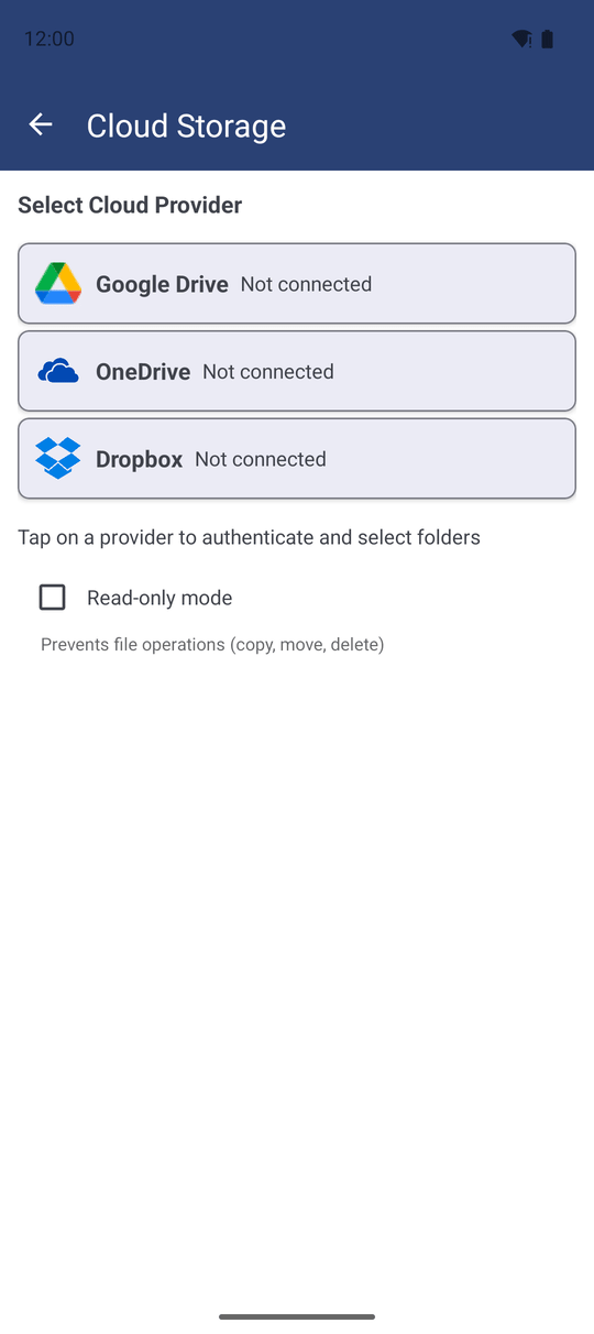 The Cloud Storage screen with the Google Drive, Dropbox and OneDrive cards and the hint to tap a provider