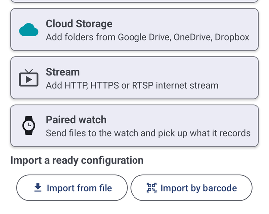 The bottom of the Add Resource screen with the Import a ready configuration heading and the Import from file and Import by barcode buttons