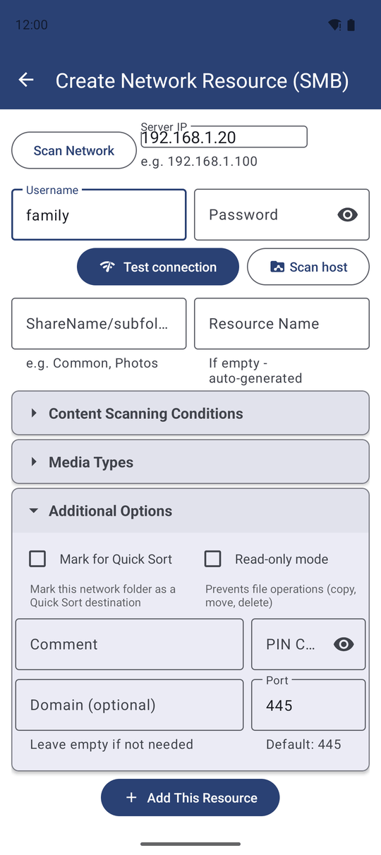 The Create Network Resource (SMB) screen with Server IP, Username, Password, Domain and Port fields and the Scan host and Test connection buttons