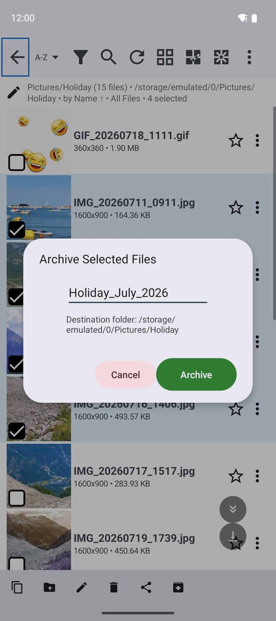 The Archive Selected Files window with the archive name field and the destination folder line, over a file browser with several photos selected