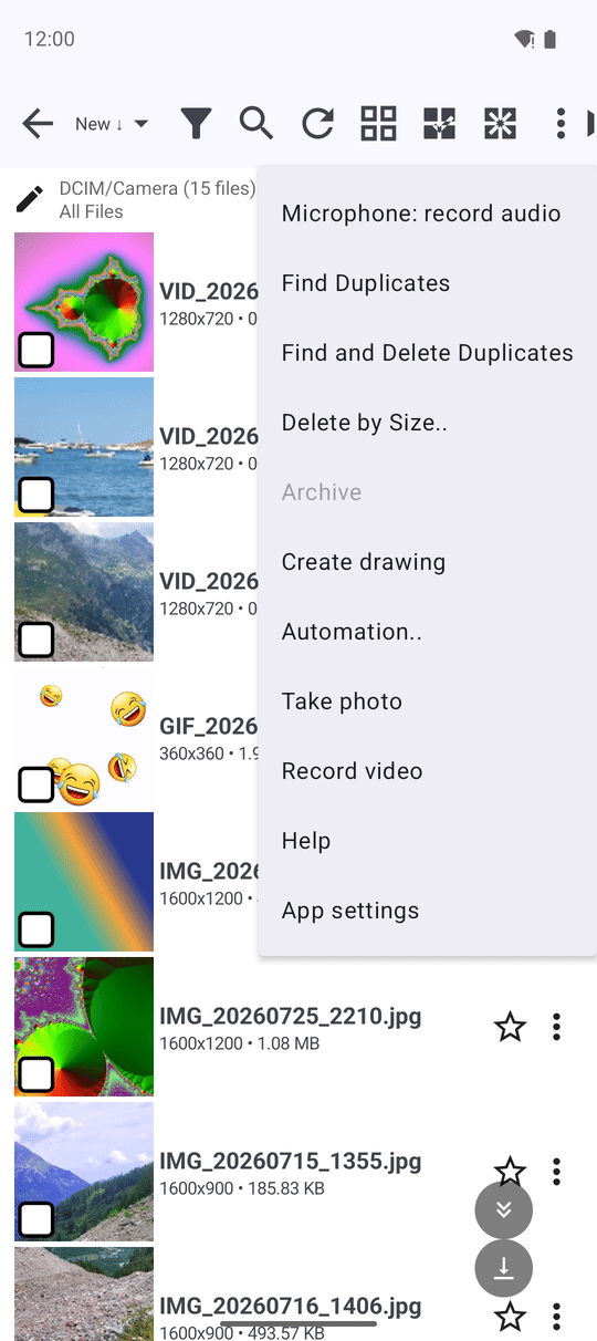 The three-dots menu of the file browser with Take photo and Record video