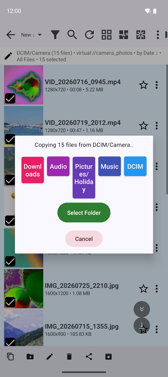 The copy window reading Copying 12 files from Camera, with colored destination buttons and the Select Folder button