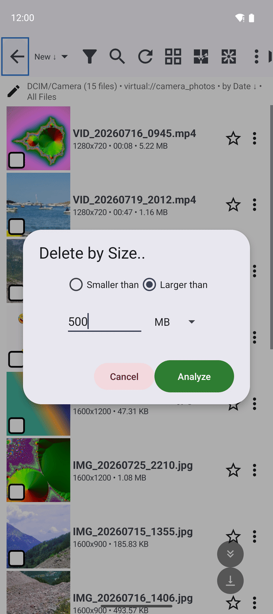 The Delete by Size window with Larger than selected, the value 500 and the unit MB, and the Analyze button