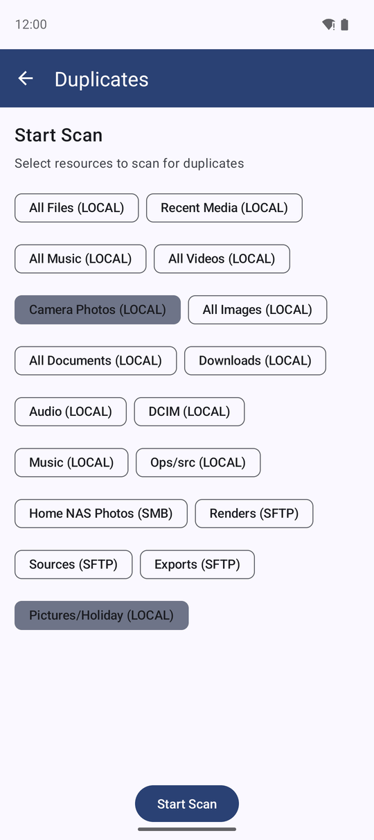 The Duplicates screen with a list of resources, two of them ticked, and the Start Scan button