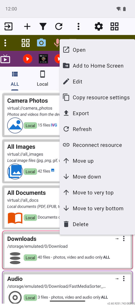 The three-dots menu of a local folder on the main screen with the Reconnect resource item highlighted