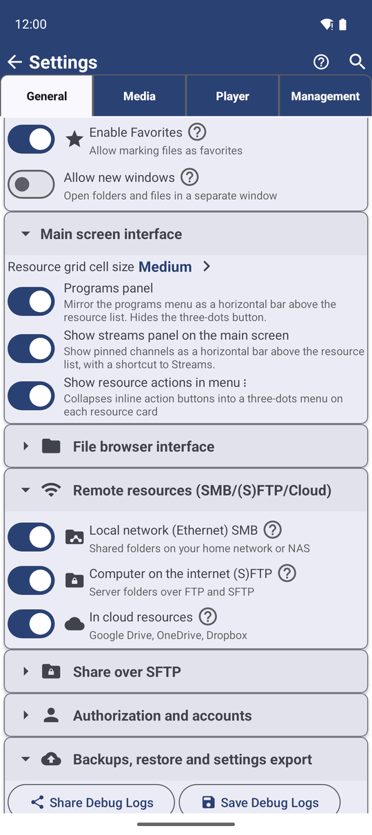 The Remote resources (SMB/(S)FTP/Cloud) card in the General settings with three switches for SMB, (S)FTP and cloud