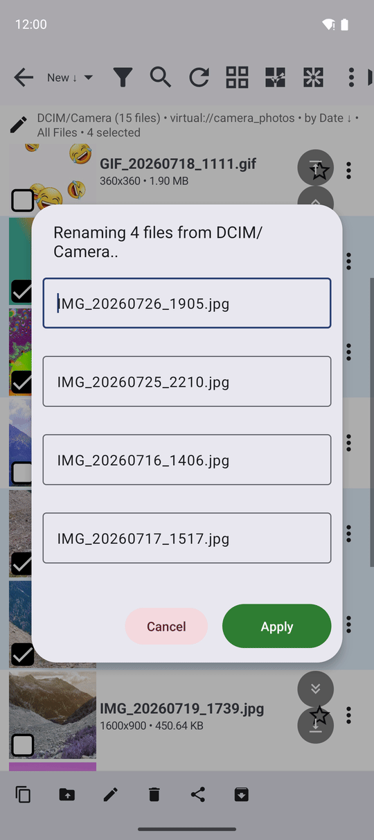 The rename window with a list of five photos, each in its own editable name field, and the Cancel and Apply buttons