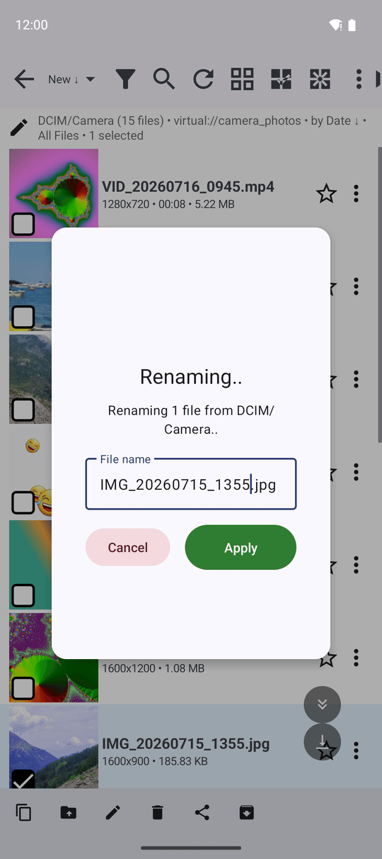 The Renaming.. window with one name field, the part before .jpg selected, and the Cancel and Apply buttons