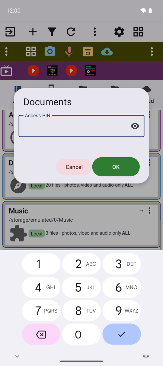 A small window asking for the PIN of a resource named Documents, with a PIN field and OK and Cancel buttons