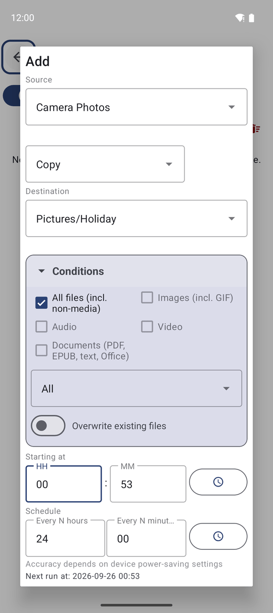 The new scheduled operation window with Source, Operation and Destination fields, the file type boxes, the time filter, the start time and the interval