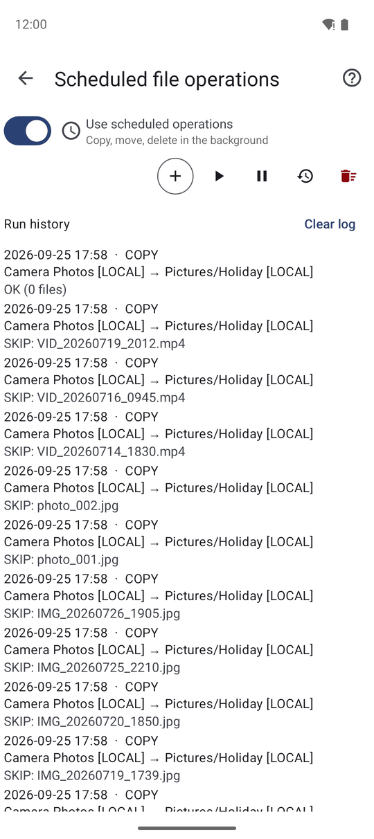 The Run history window listing several runs of a scheduled copy with their times and file counts