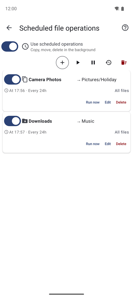 The Scheduled file operations screen with the Use scheduled operations switch, two operations in the list and the Add button