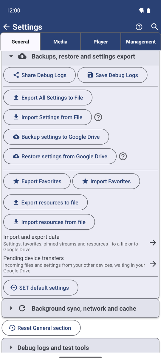 The Backups, restore and settings export card in the General settings with the Import and export data row, the Google Drive backup buttons and the resource export and import buttons