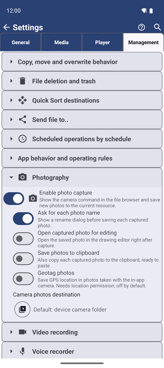 The Photography group in the Management settings with Enable photo capture, Ask for each photo name, Open captured photo for editing, Geotag photos and Save photos to clipboard