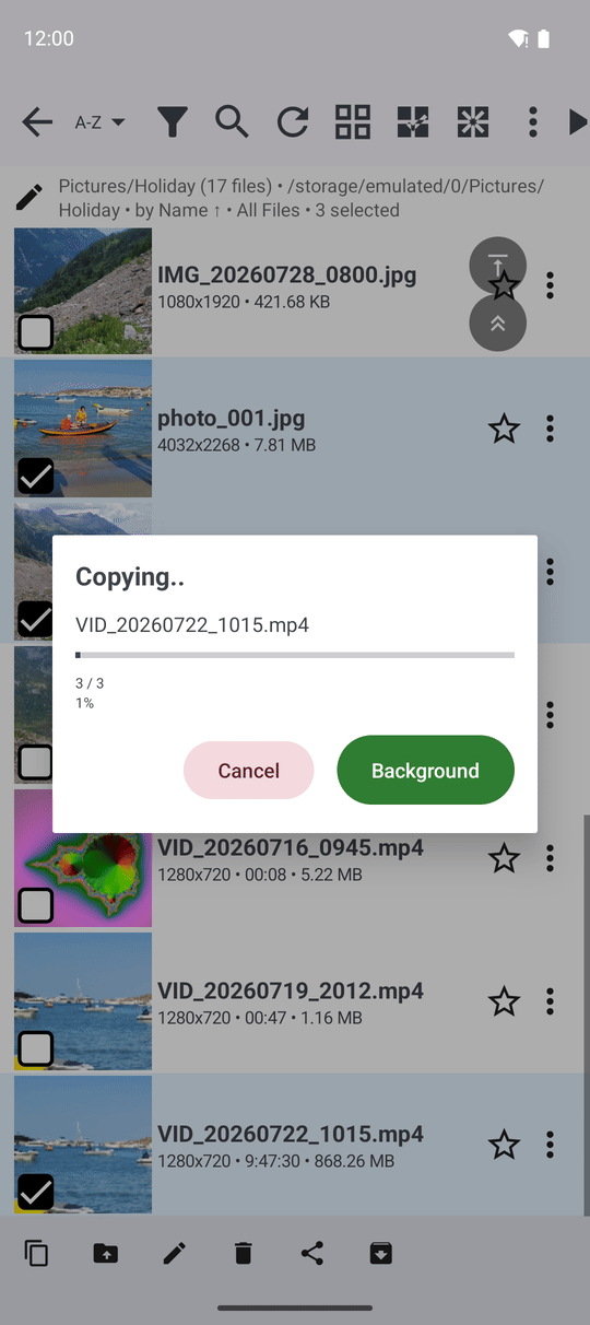 The progress window with the current file name, 3 of 12 files, the speed, the overall percentage, the time left and the Cancel and Background buttons