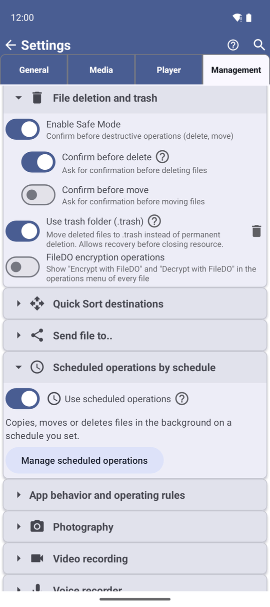 The File deletion and trash card in the Management tab of Settings with the Use trash folder (.trash) switch and the Clear Trash button next to it