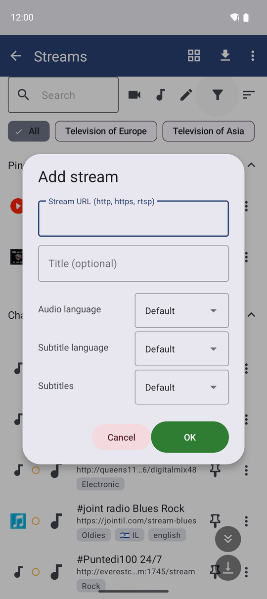 The Add stream dialog over the Streams screen with a Stream URL field and an optional Title field