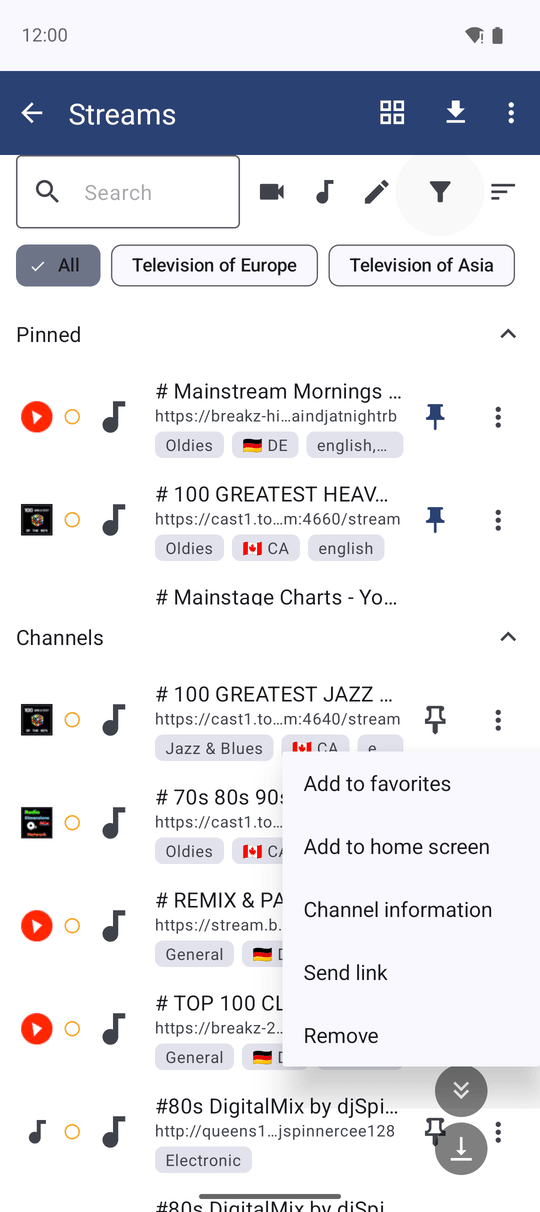 The menu of a channel in Streams with Add to home screen, Send to watch, Open on watch and the other channel actions