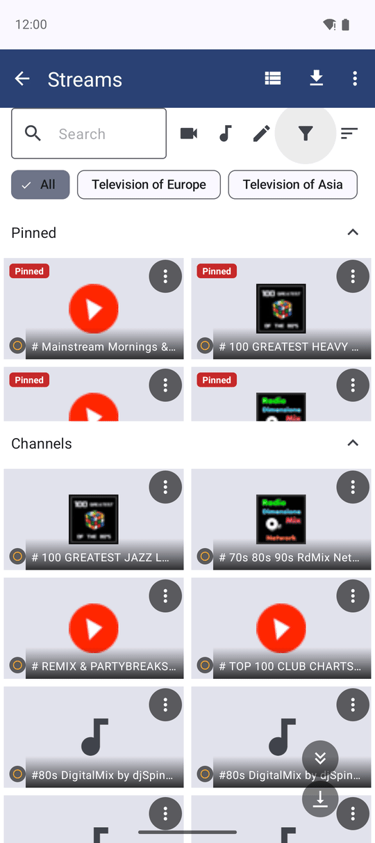 Streams grid tiles side by side showing a station logo, a small favicon, a country flag and a plain audio icon for channels with no captured frame