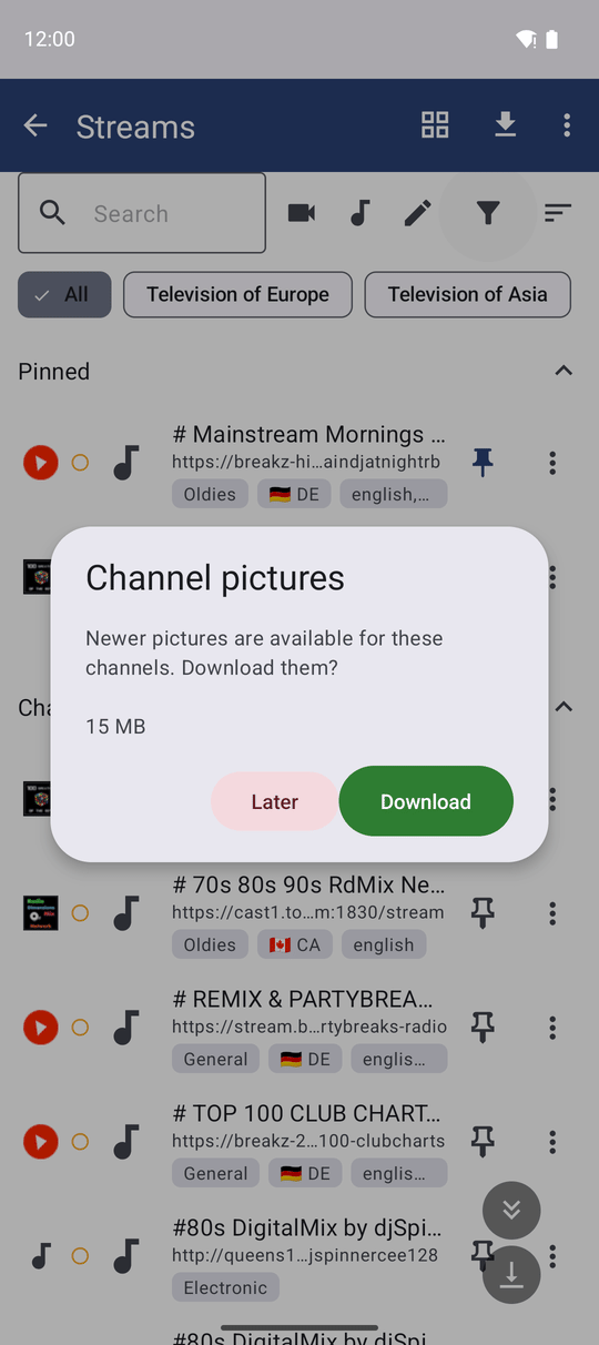 The Channel pictures download dialog offering to download channel preview pictures, with the download size in megabytes and Download and Later buttons