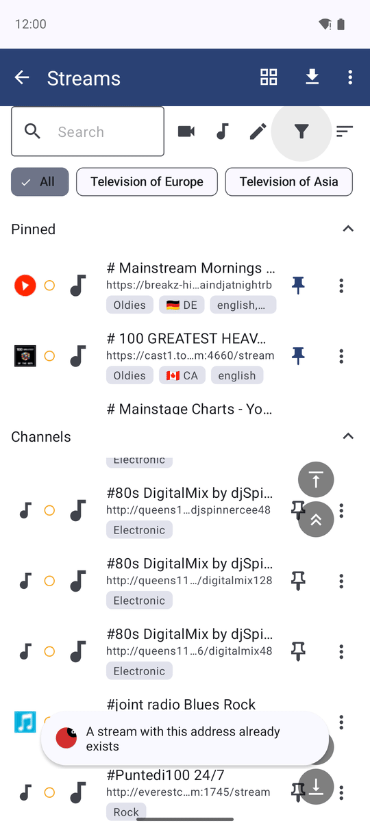 The Add stream dialog showing the message A stream with this address already exists after trying to add a duplicate URL