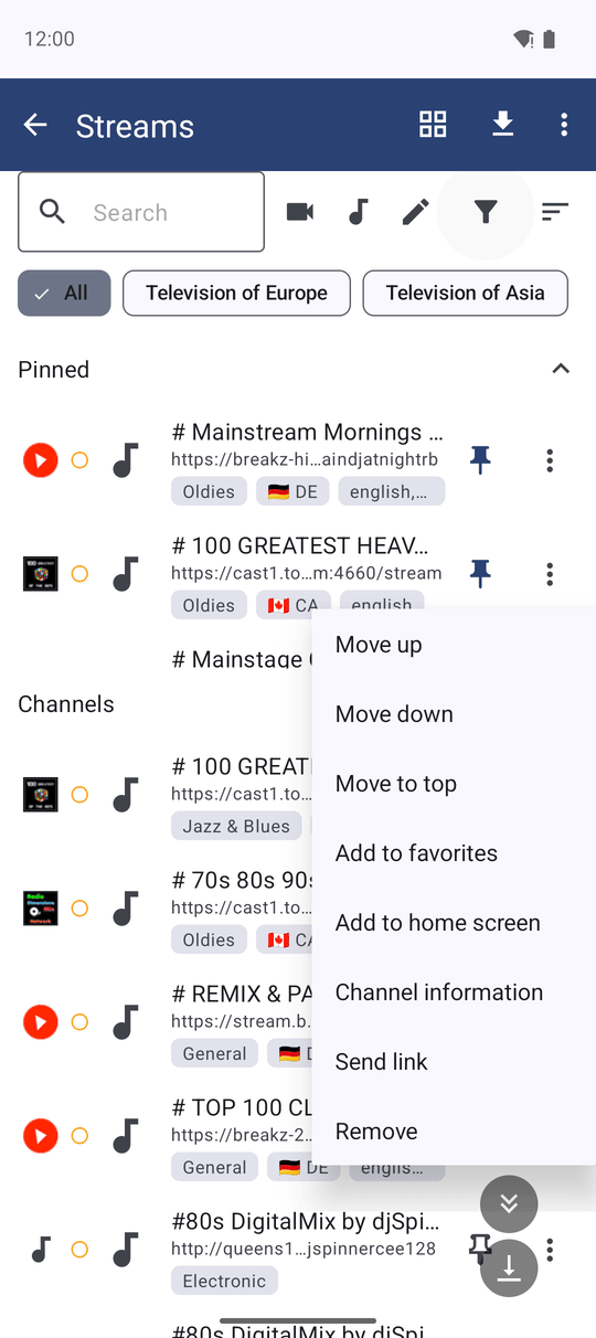 A channel's overflow menu open with the Add to favorites row visible