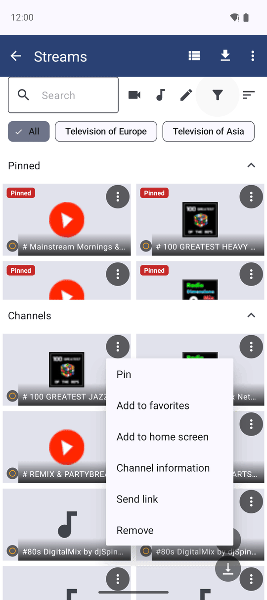 A Streams grid tile with the play-status dot visible in the bottom-left corner and its three-dot overflow menu open in the top-right corner