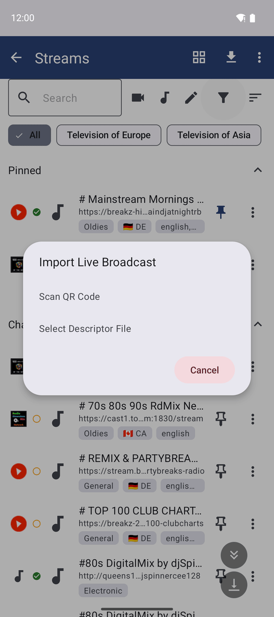 The Import Live Broadcast dialog in Streams with the Scan QR Code and Select Descriptor File options