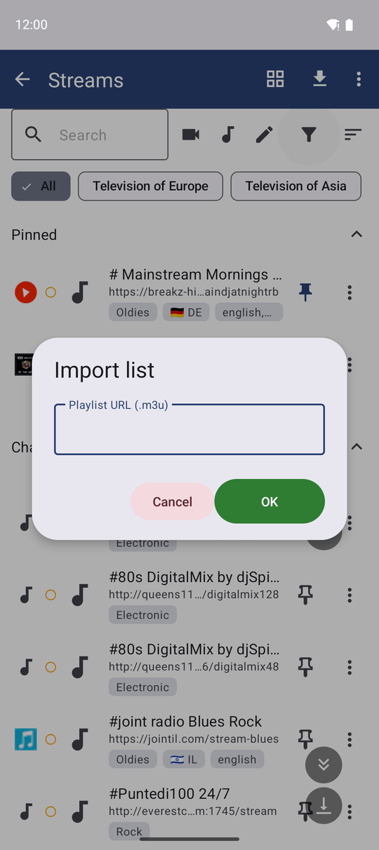 The Import from URL dialog over the Streams screen with a Playlist URL field for an M3U address