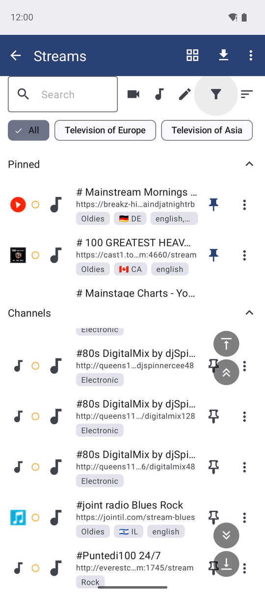 The Streams list view with channel favicons in the leading icon slot, one row showing a country flag in that slot instead